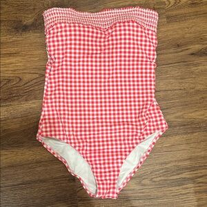 Draper James X Lands End One Piece Suit Bandeau White Red Gingham Floral Sz 10